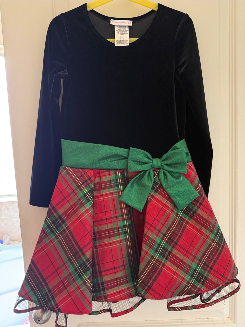 Bonnie Jean Black Velvet Bodice Red Plaid Skirt Dress with Green Bow